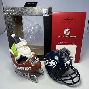 2 Hallmark Seattle Seahawks NFL Ornaments Santa in Football Sleigh & Helmet 2020